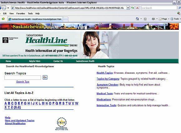 Copie d'écran : Copie d'écran : Saskatchewan Health - Healthwise Knowledgebase Main
