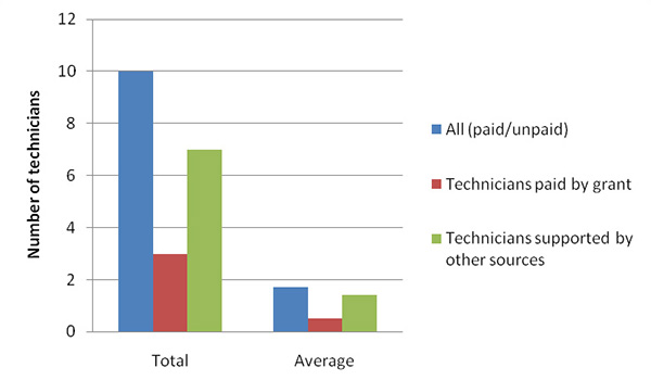 Number of technicians paid by grant or supported by other sources - total and average
