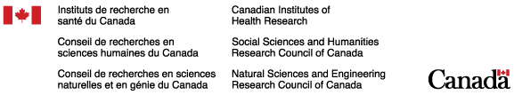 Logos : Instituts de recherche en santé du Canada (IRSC), Conseil de recherches en sciences naturelles et en génie du Canada (CRSNG) et Conseil de recherches en sciences humaines du Canada (CRSH)
