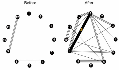 Fig. A4. Co-publication record of the members of the CIHR Team in Population-based Colorectal Cancer Screening before and after receiving the grant. Each circle represents one member of the team, and a line linking circles indicates that those team members are co authors on a publication. The thick line linking 1 and 9 represents 14 publications.