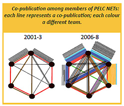 Co-publication among members of PELC NETs: each line represents a co-publication; each colour a different team.